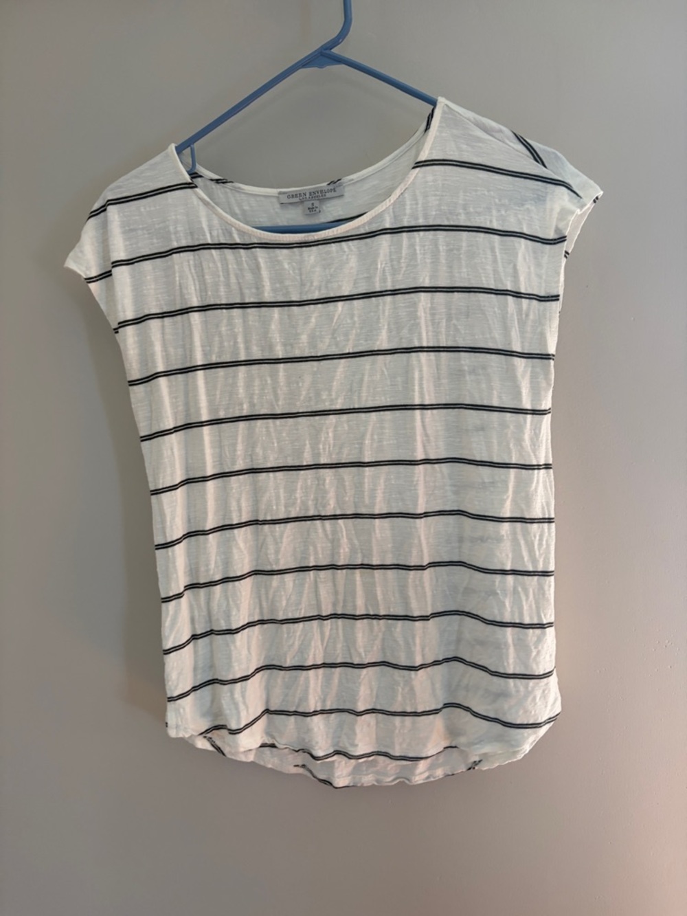 Green Envelope White Tee with black Stripes - Casual Short Sleeve Top
